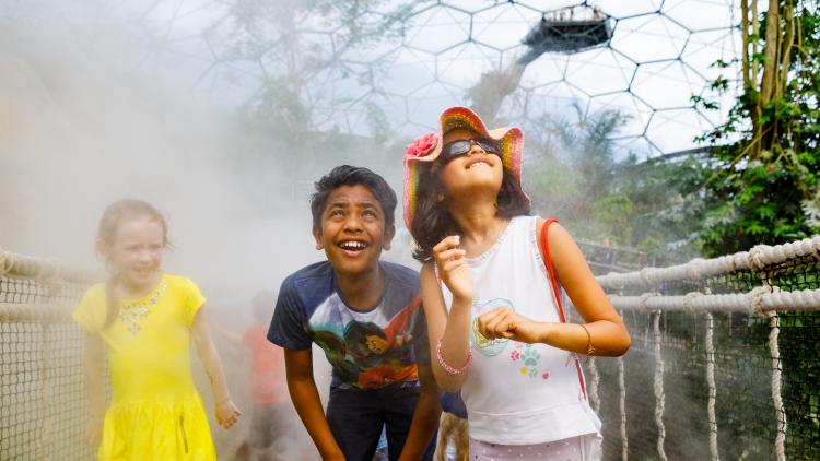 Children on Cloud Bridge in Rainforest Biome at Eden Project
