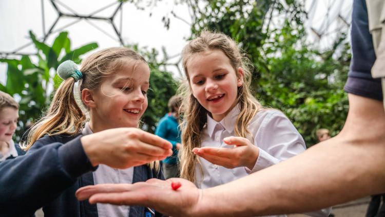 Two school pupils looking at their hands 