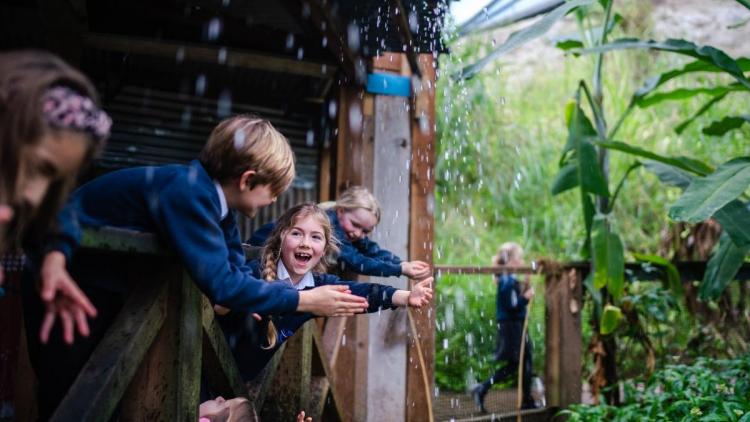 Children in Rainforest playing with water