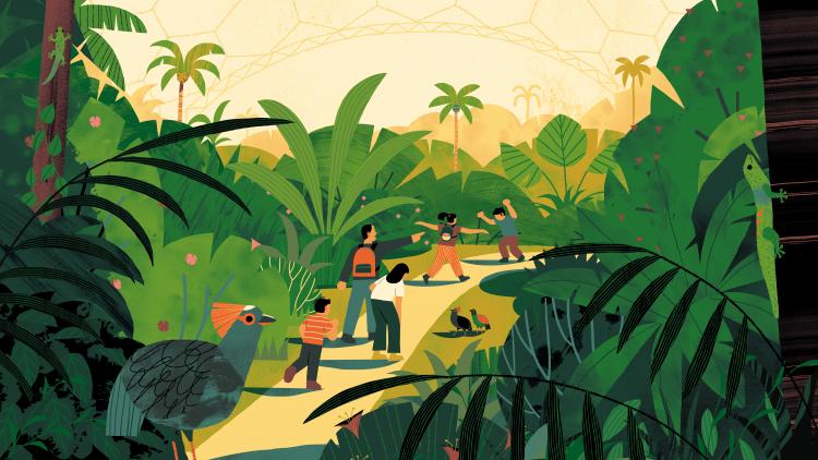 Illustration by Benjamin Flouw of a family running through the rainforest Biome with a roul roul in the foreground