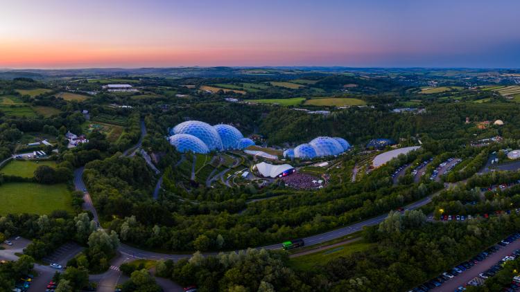Eden Sessions concert shot from a drone with a sunset