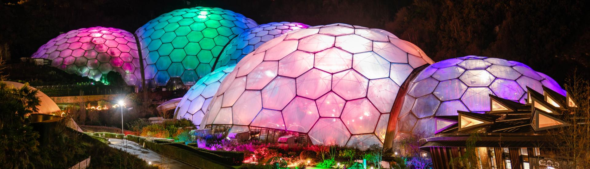Eden's Biomes light up in multicolours at night