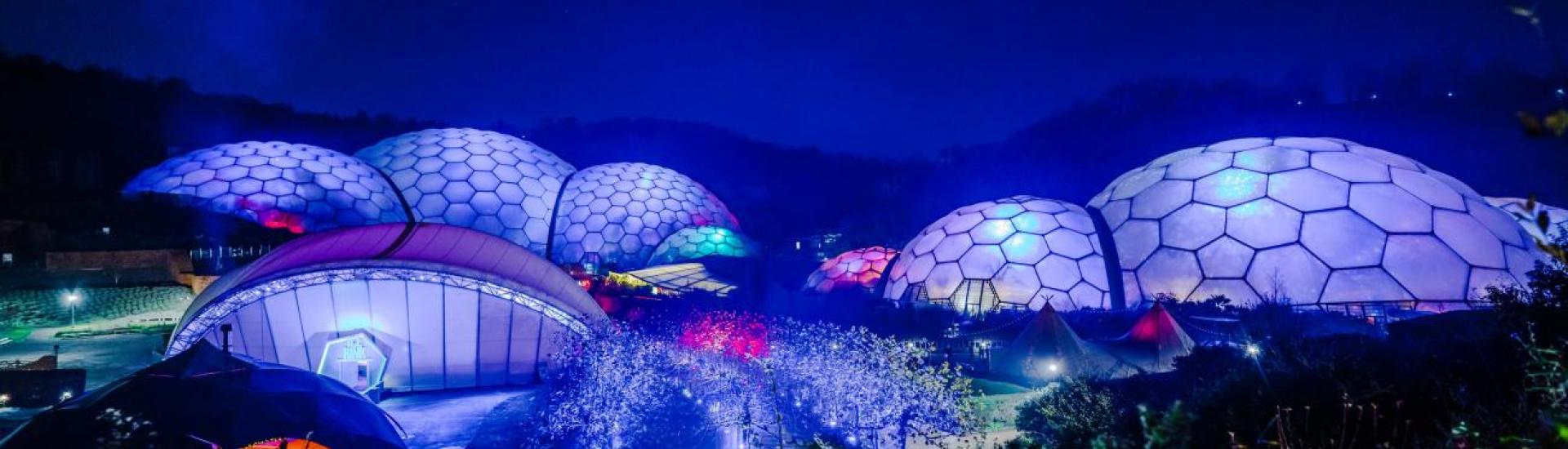 Eden Project Biomes and stadium area lit up blue at night